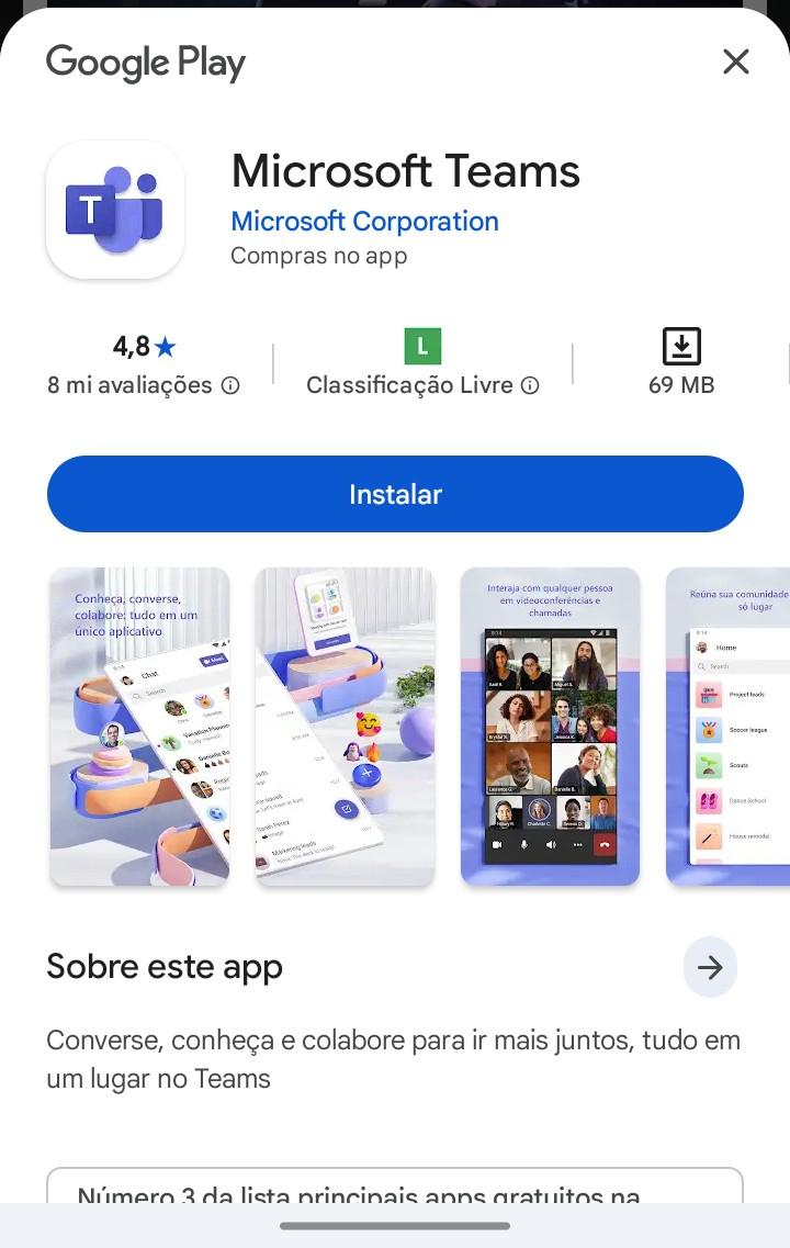 Fig. 16 — Página do Microsoft Teams na Google Play, com o botão Instalar.