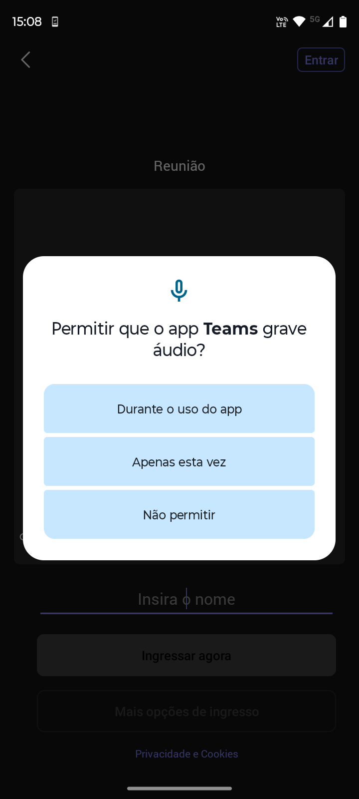 Fig. 18 — Permissão de gravação de áudio solicitada pelo Teams.